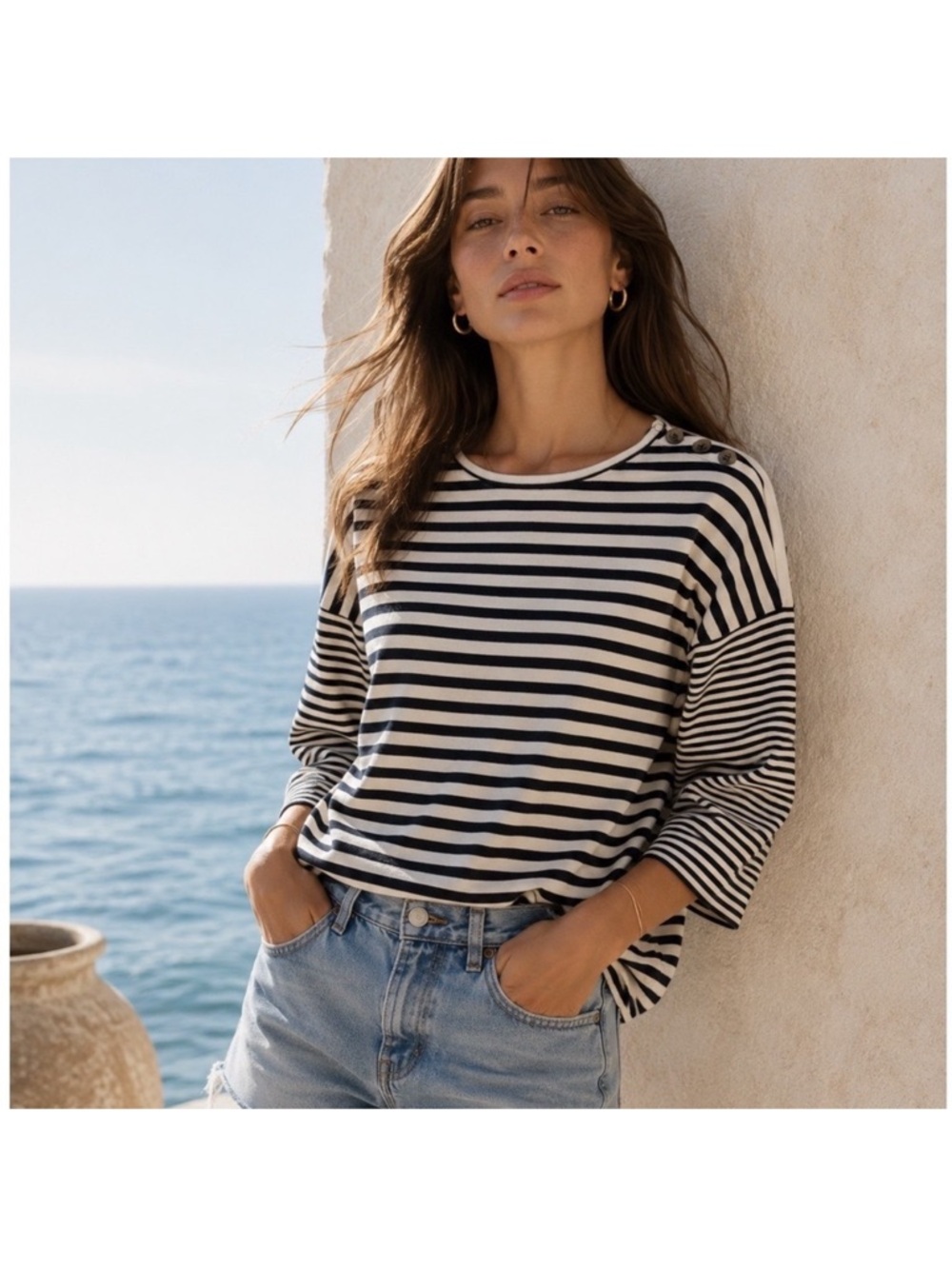 BA&SH Navy & Ivory Miwa Striped Lady Tshirt Shoulder Buttons Oversized Top Med